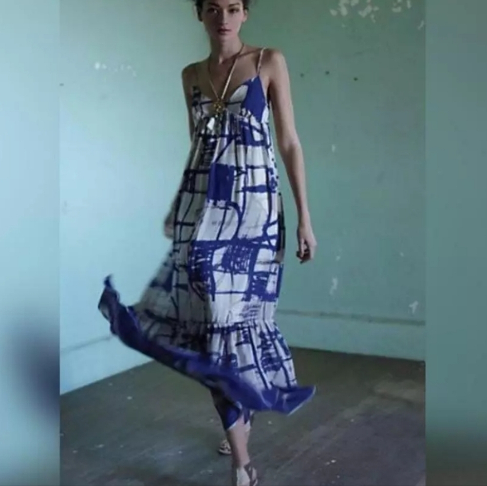 Blue & White Abstract Maxi Sundress - Sleeveless Casual